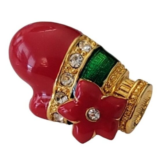 Red Green Enamel Clear Rhinestone With Flower Mitten Lapel Scatter Pin, E795 - Picture 2 of 9